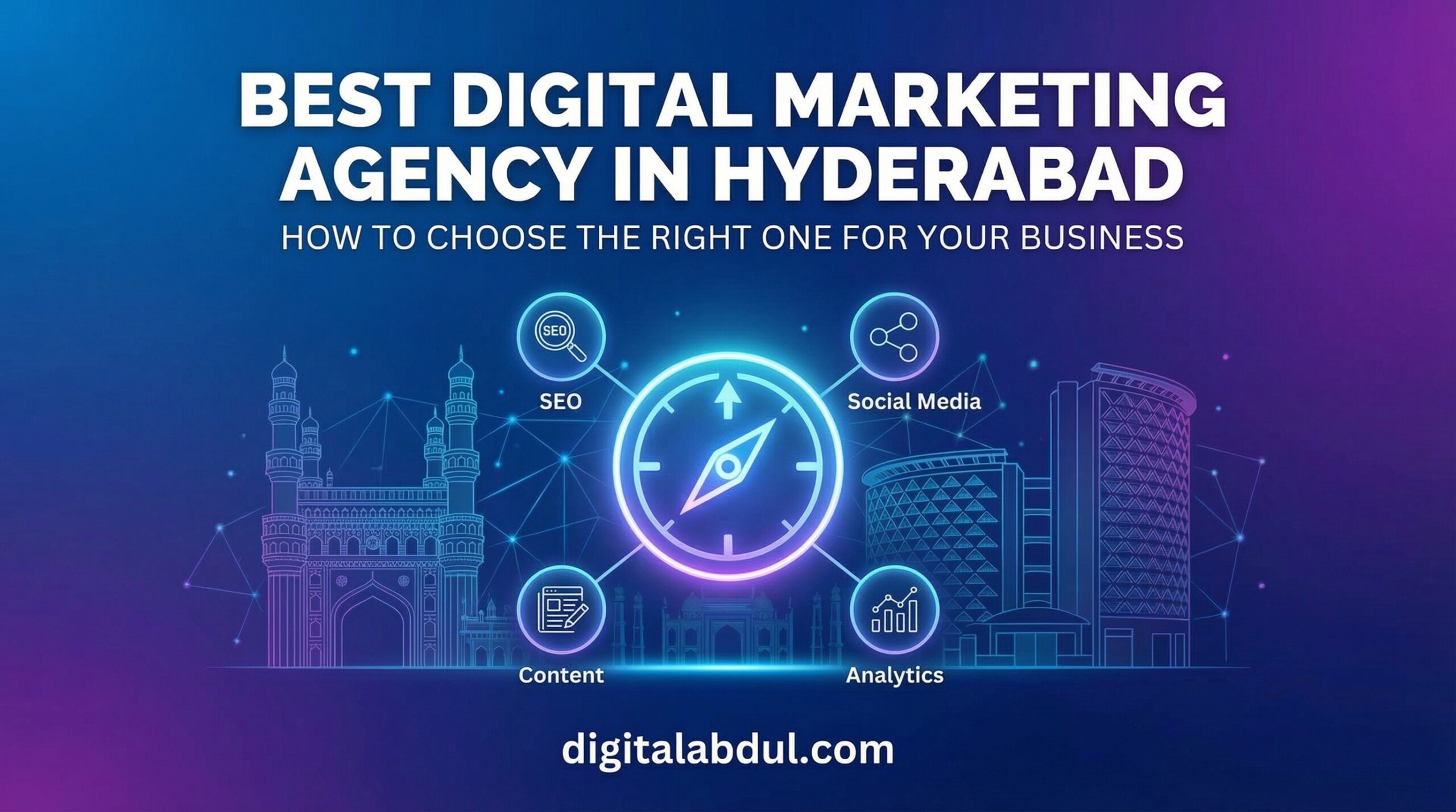 Best digital marketing agency in Hyderabad graphic showing SEO, social media, content, and analytics services for businesses.