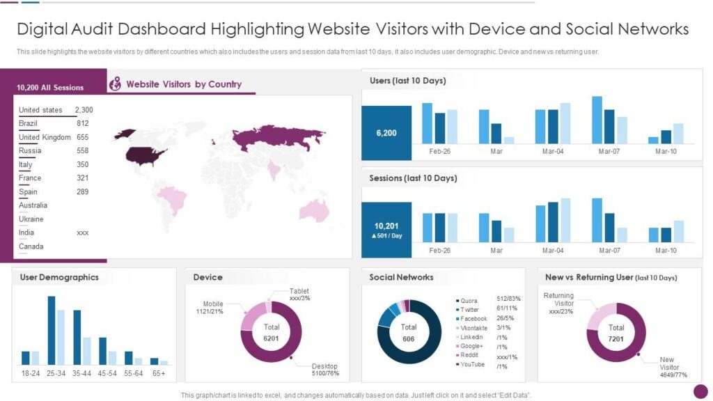 Digital marketing consultant analytics dashboard showing website traffic, user behavior, demographics, devices, and social media performance.