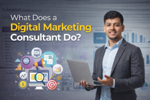 Smiling digital marketing consultant holding a laptop with analytics charts and SEO icons in the background, representing online marketing strategy and consulting services.