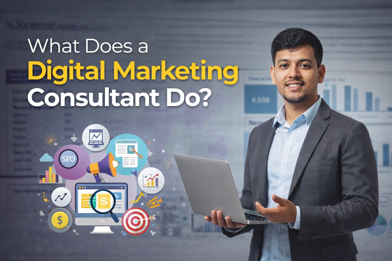 Smiling digital marketing consultant holding a laptop with analytics charts and SEO icons in the background, representing online marketing strategy and consulting services.